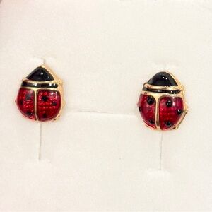 Ladybug Gold Earrings: 14K solid yellow gold red black enamel vintage